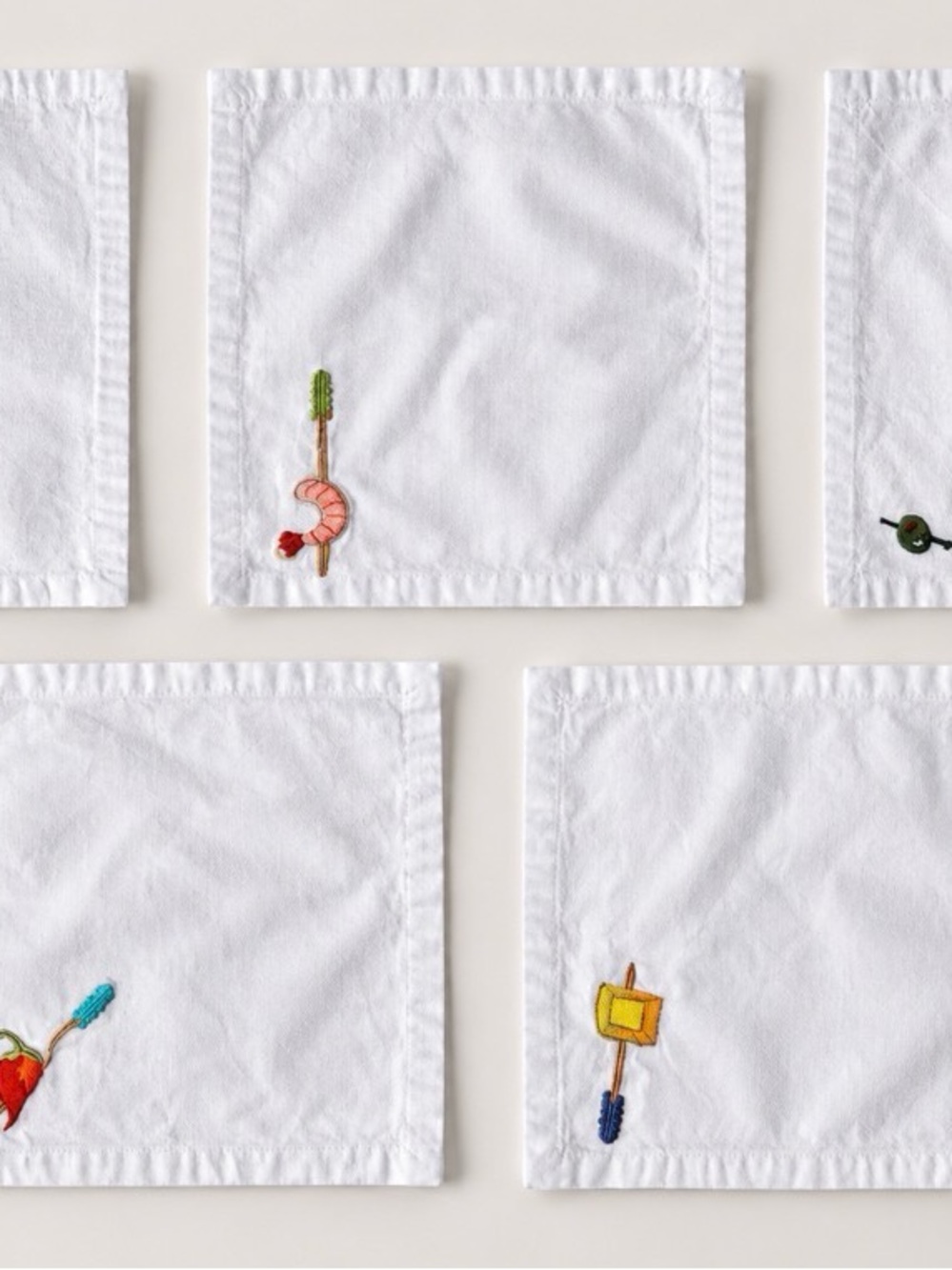 Crate & Barrel Tidbits Cocktail Napkins Embroidered Set Of 5 Cotton 10"x9.5”